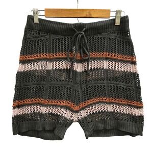 Womens Crochet Knit Shorts Boho Striped Drawstring Waist Cover Up Size L